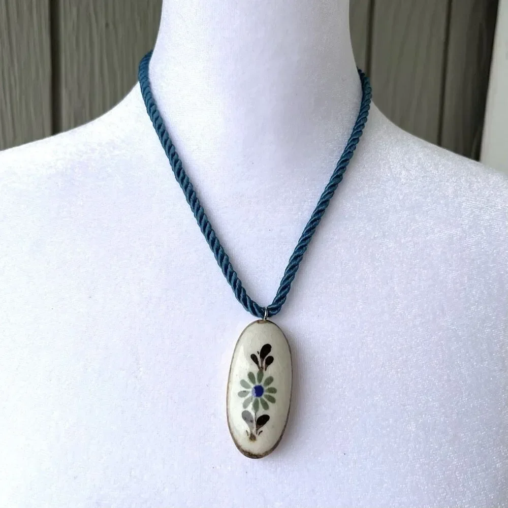 Vintage Hand-Painted Ceramic Floral Pendant Necklace on Blue Cord 60s/70s